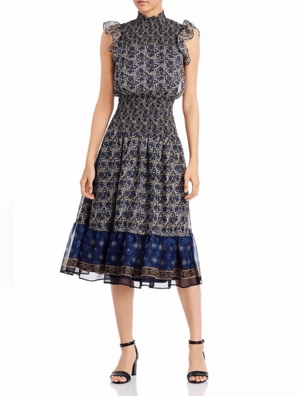 Aqua Navy Floral Smocked Midi Dress